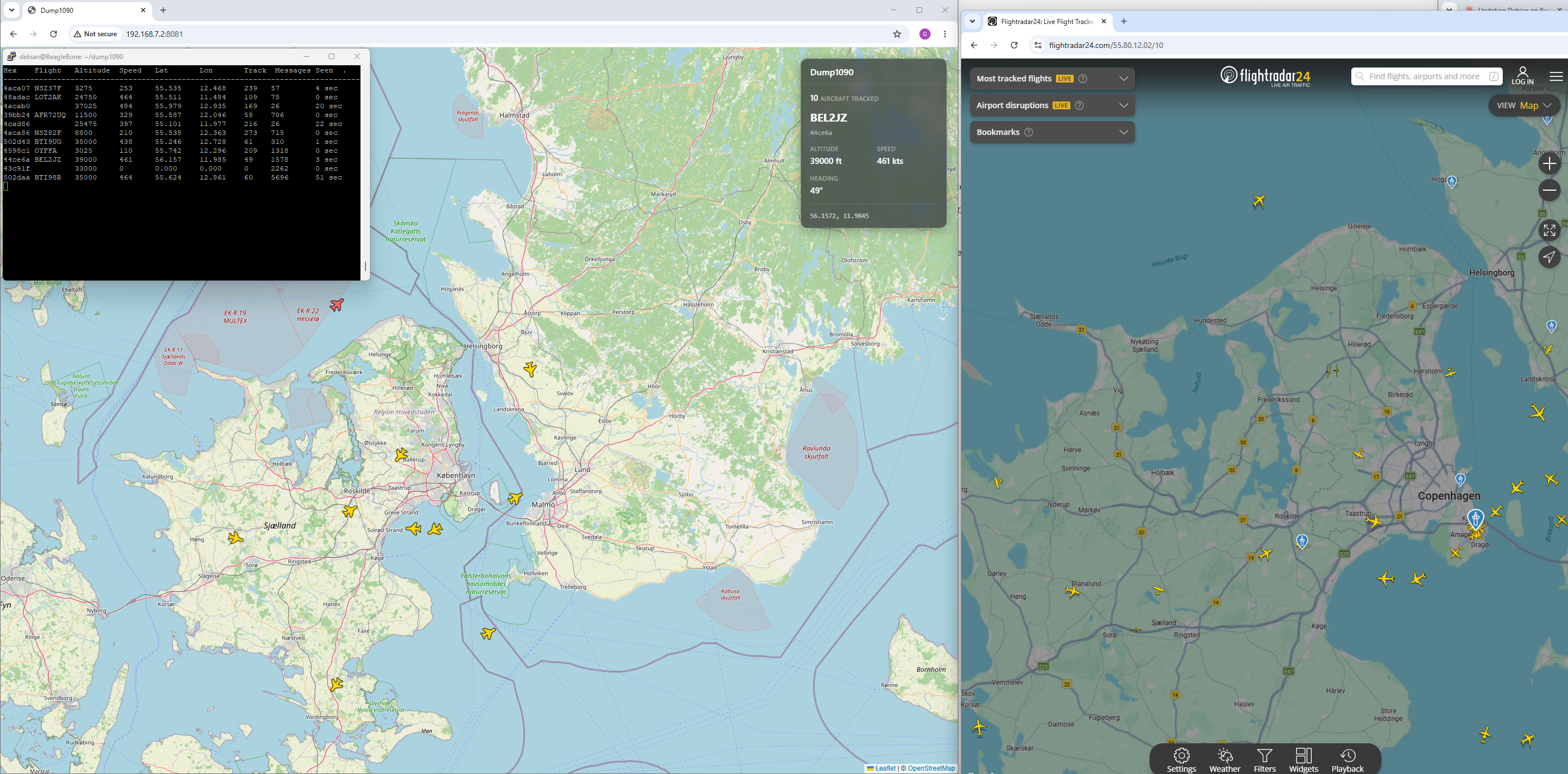 BeagleBone Black with LNA and 1090 MHz filter — 10 flights detected